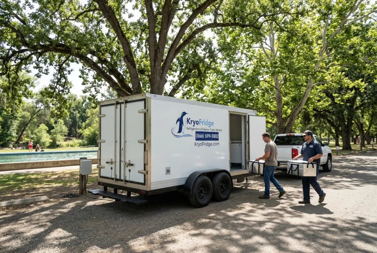 Pre-cooled KryoFridge cold storage trailer staged for same-day rental delivery in Chico, California