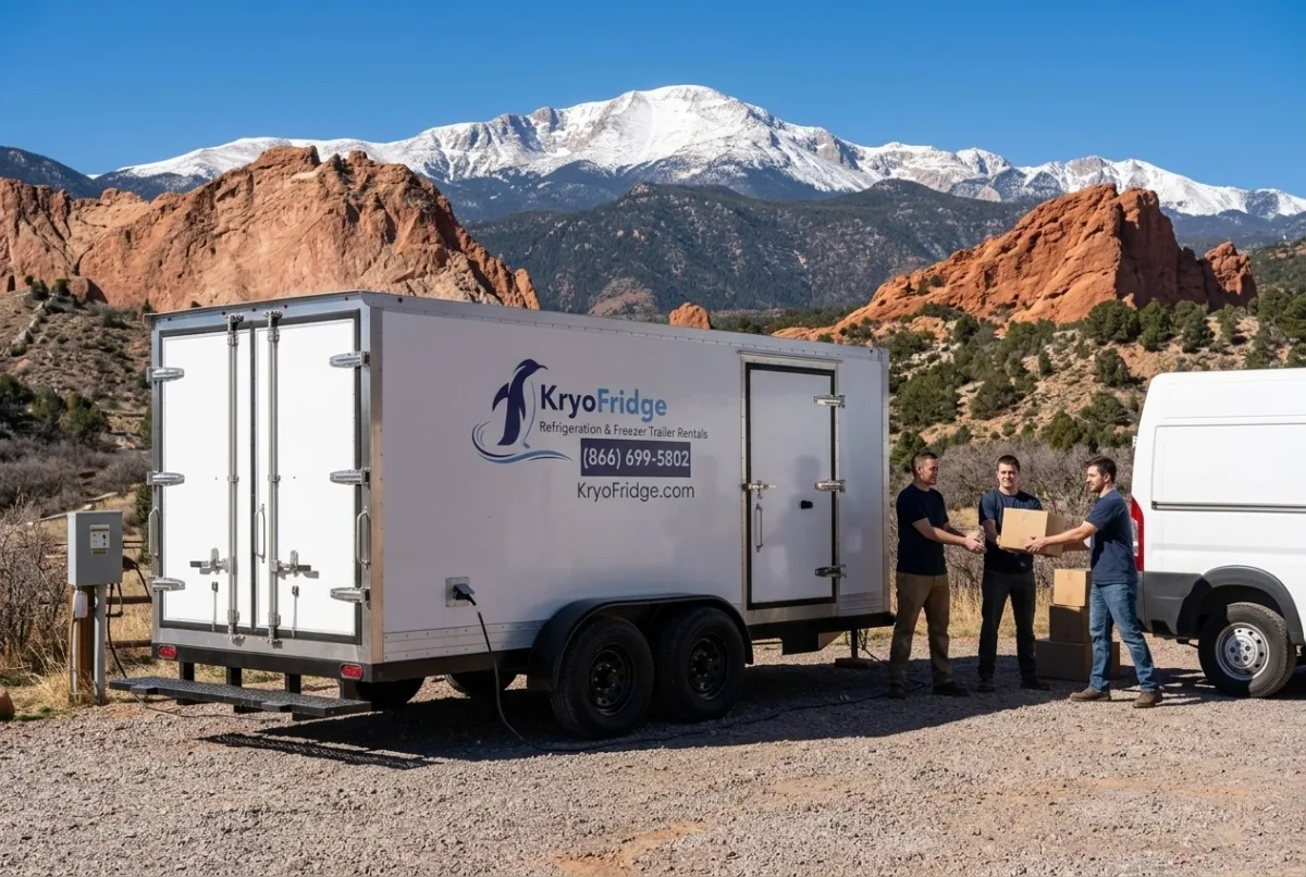 Plugged-in KryoFridge refrigerated trailer parked and waiting ahead of a drop in Colorado Springs, Colorado