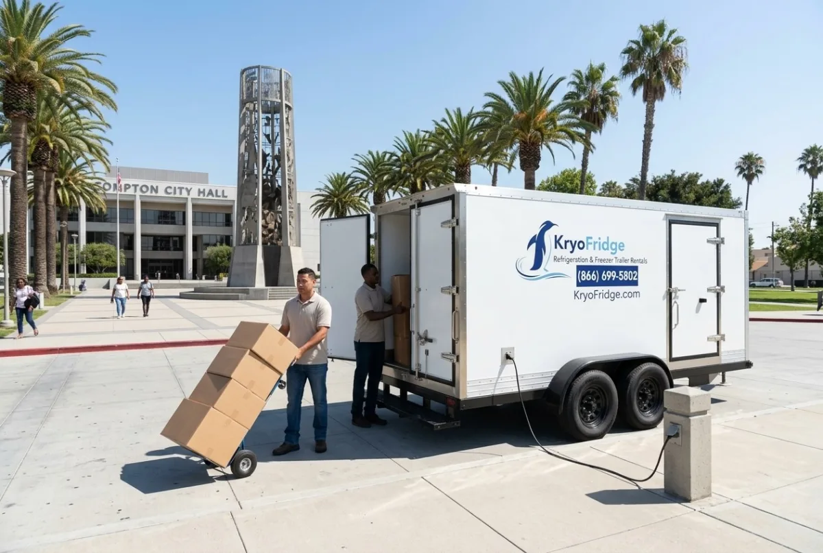 Clean white KryoFridge refrigeration trailer staged for same-day rental delivery in Compton, California