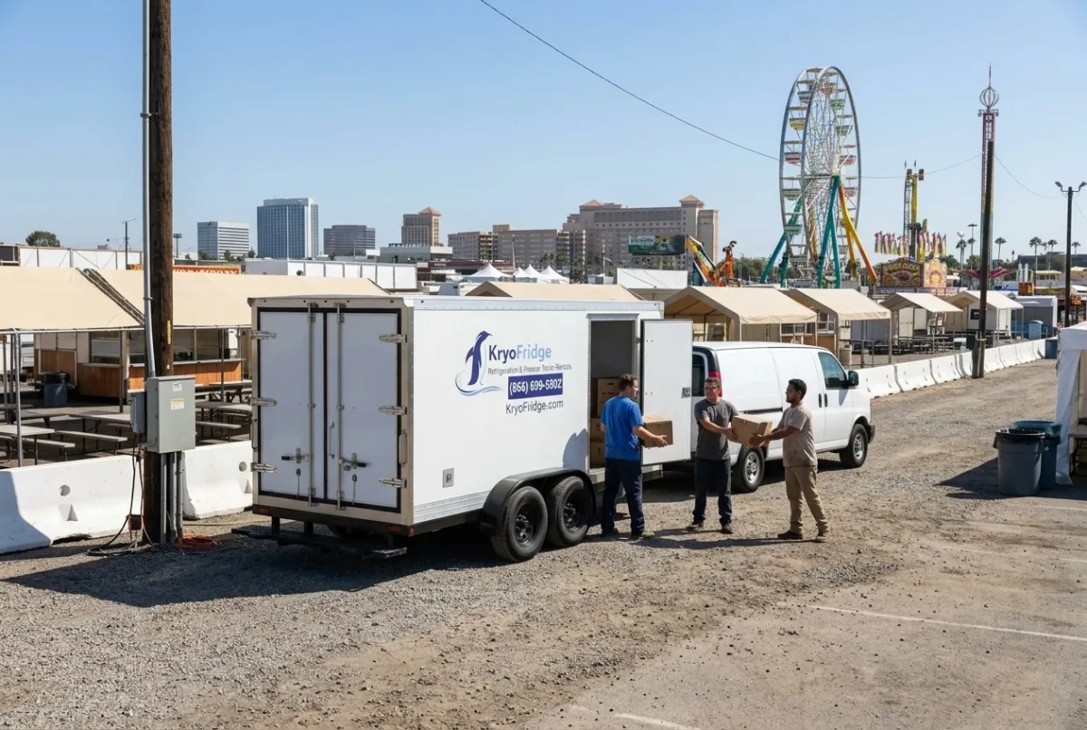 A freshly serviced KryoFridge mobile cold storage unit ready for cold-storage rental in Costa Mesa, California
