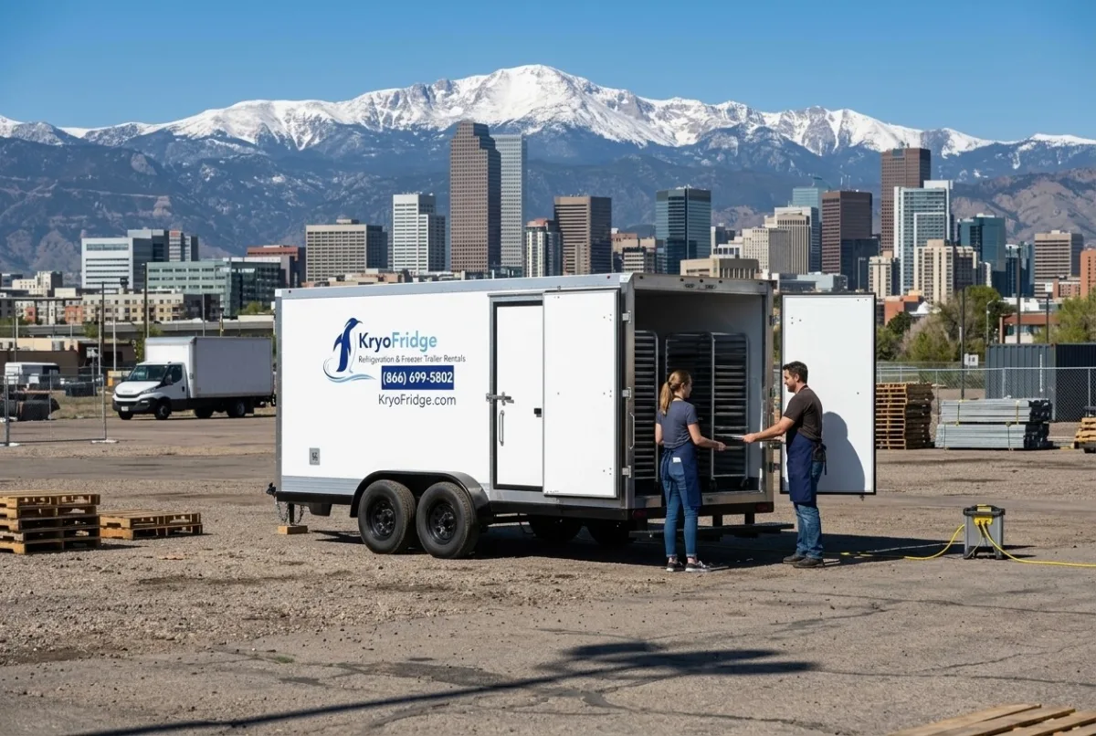 Side view of a white KryoFridge refrigerated trailer bound for a job in Denver, Colorado