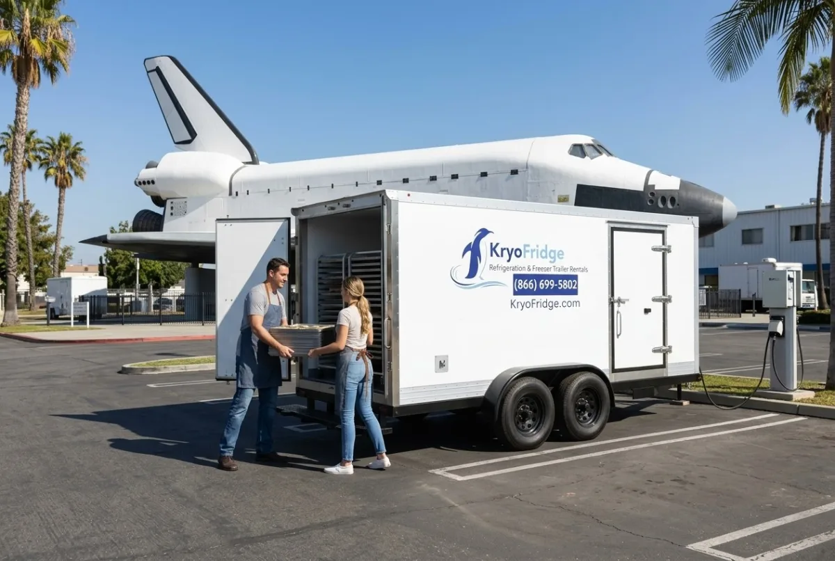 KryoFridge portable refrigeration unit, road-ready and waiting on the yard in Downey, California
