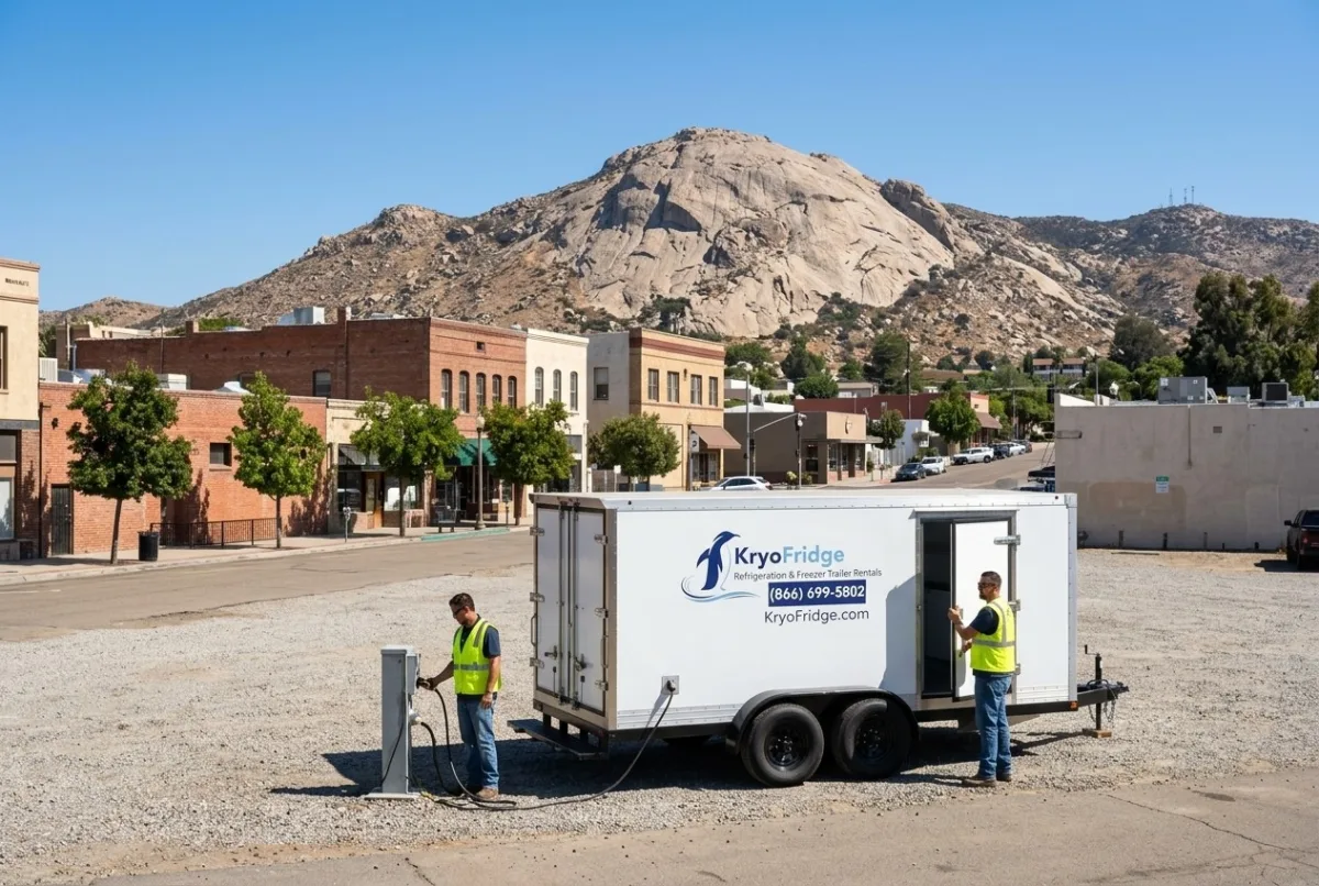 A pre-cooled KryoFridge cold storage trailer ready for cold-storage rental in El Cajon, California