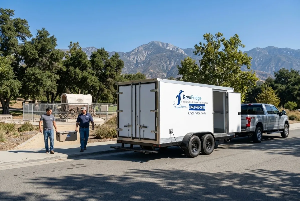 Side view of a plugged-in KryoFridge dual-purpose freezer and refrigerated trailer bound for a job in El Monte, California
