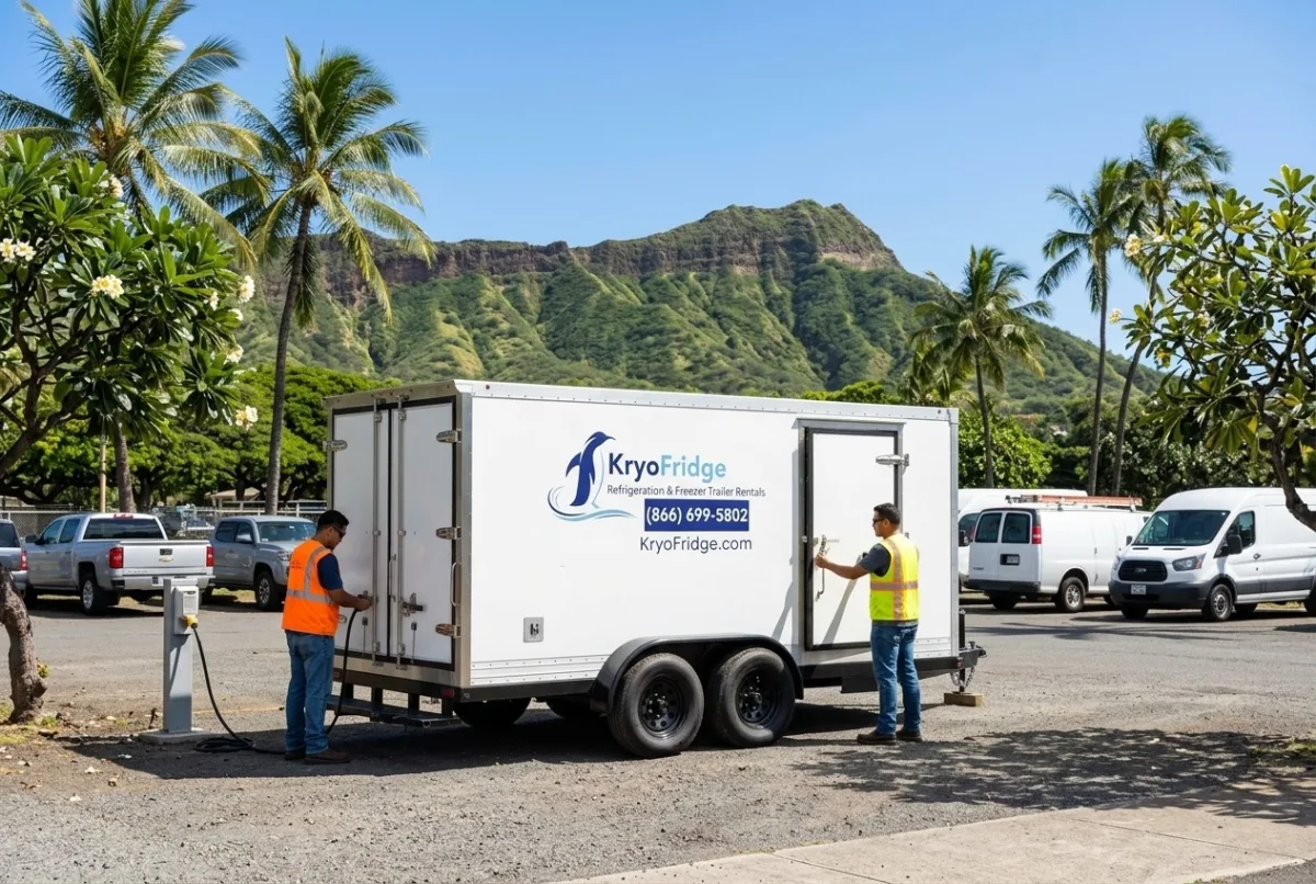 Side view of a clean white KryoFridge cold storage trailer bound for a job in Honolulu, Hawaii