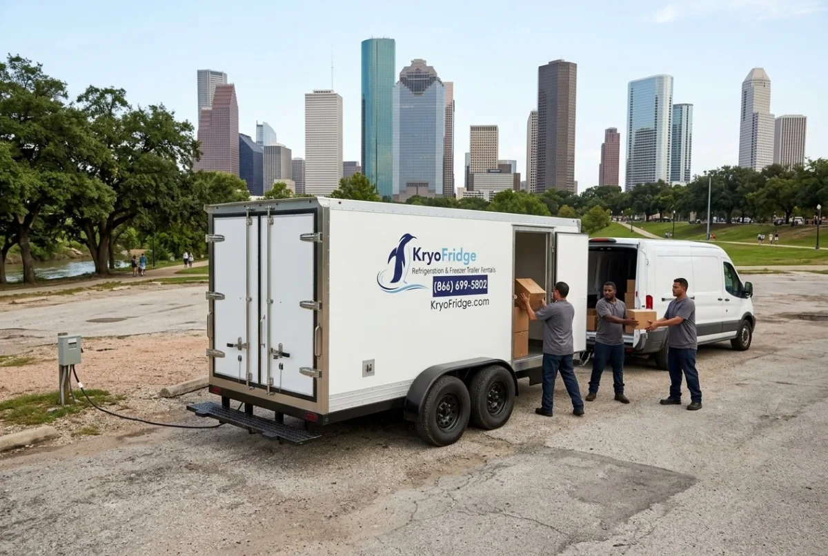 Staged KryoFridge dual-purpose freezer and refrigerated trailer parked and waiting ahead of a drop in Houston, Texas