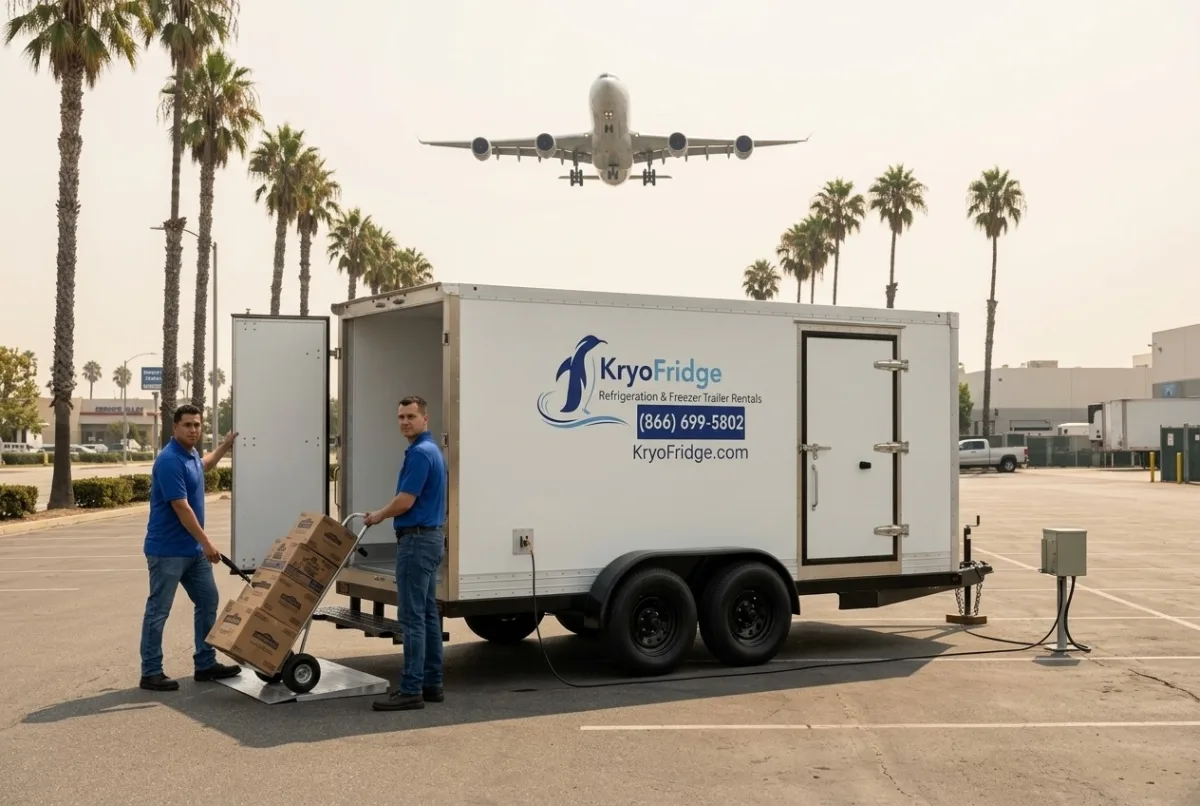 A pre-cooled KryoFridge mobile cold storage unit ready for cold-storage rental in Inglewood, California