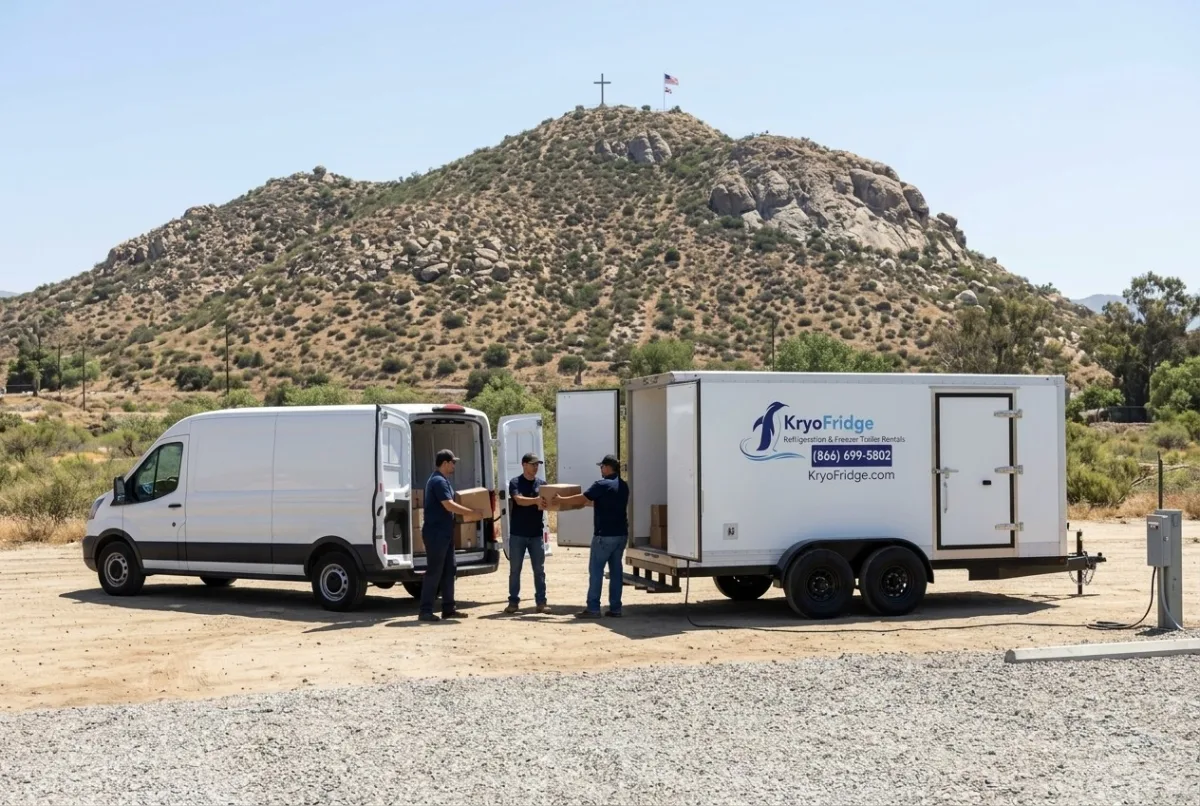 Staged KryoFridge cold chain trailer photographed in side profile on a lot in Jurupa Valley, California