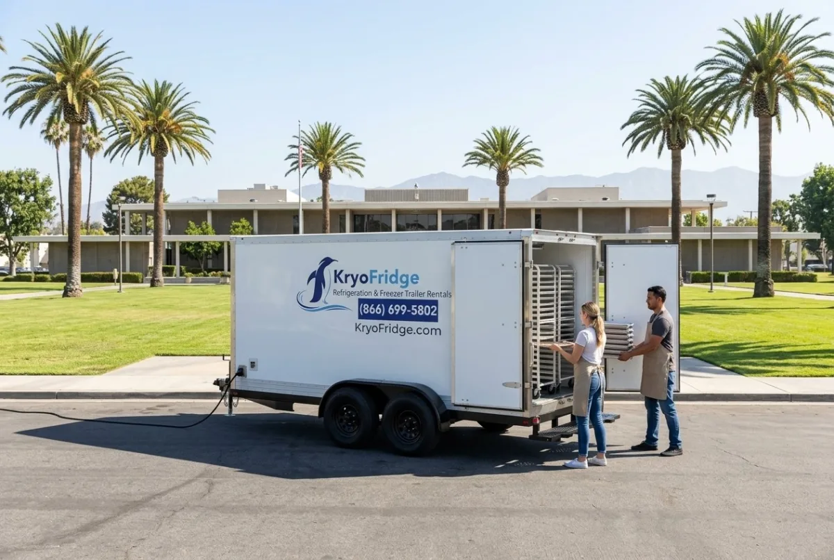 A plugged-in KryoFridge refrigeration trailer ready for cold-storage rental in Norwalk, California