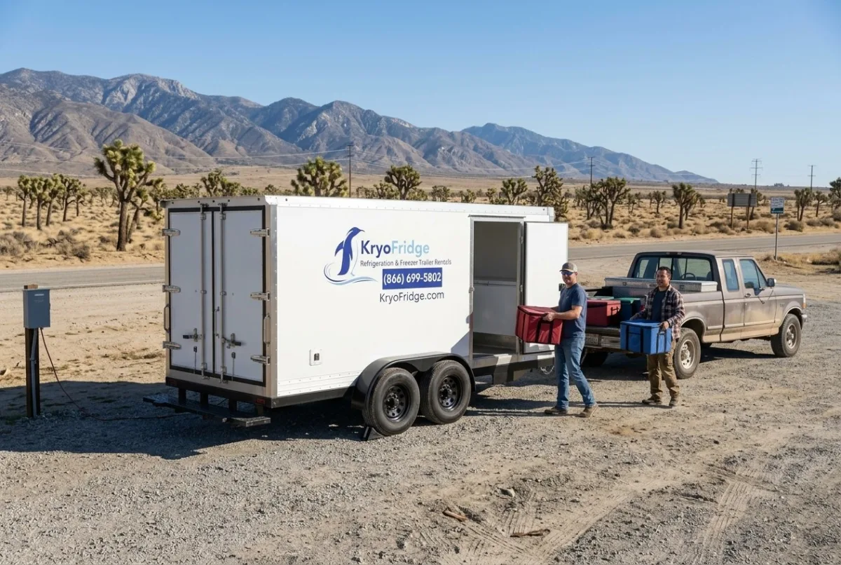 White KryoFridge refrigeration trailer parked and waiting ahead of a drop in Palmdale, California
