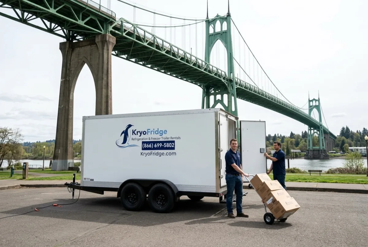 Freshly serviced KryoFridge portable refrigeration unit photographed in side profile on a lot in Portland, Oregon