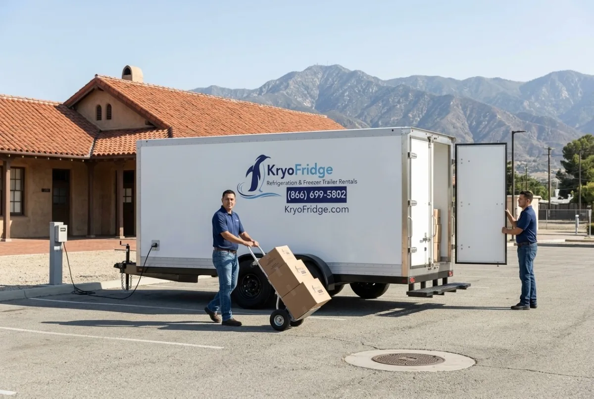A plugged-in KryoFridge dual-purpose freezer and refrigerated trailer ready for cold-storage rental in Rialto, California