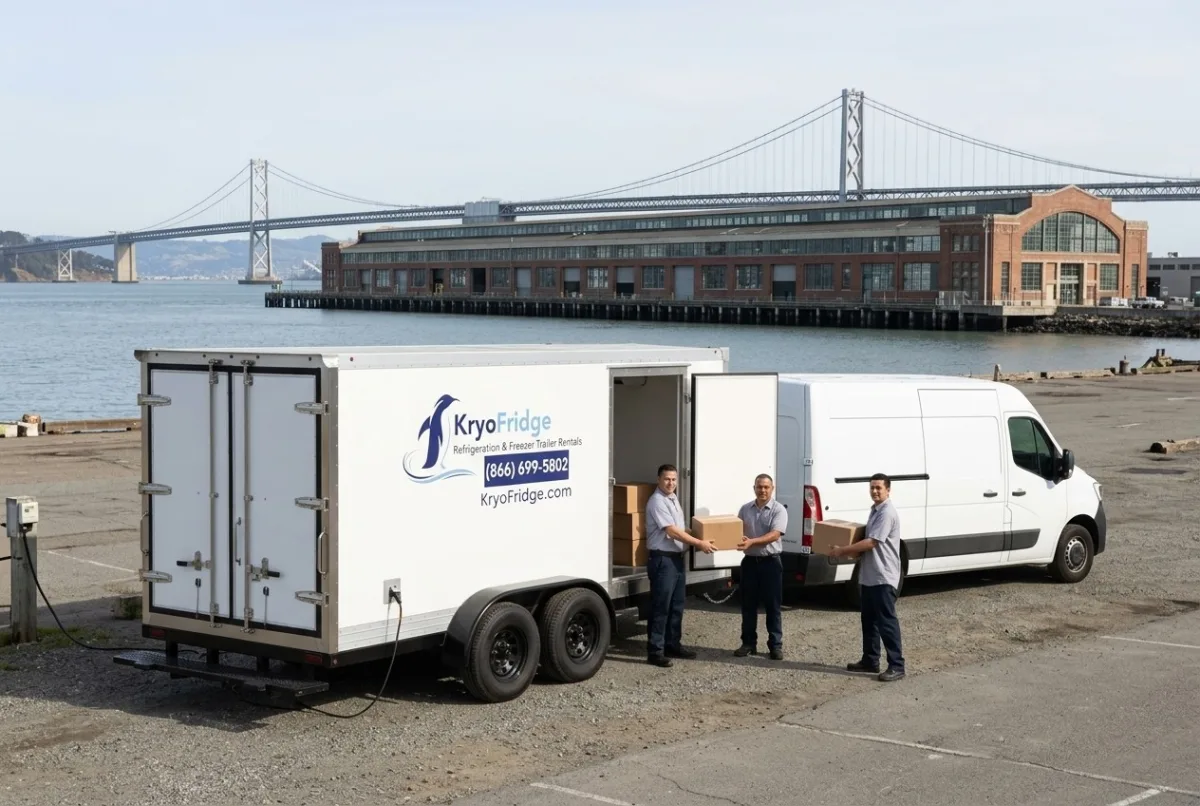 Spotless KryoFridge portable refrigeration unit photographed in side profile on a lot in Richmond, California