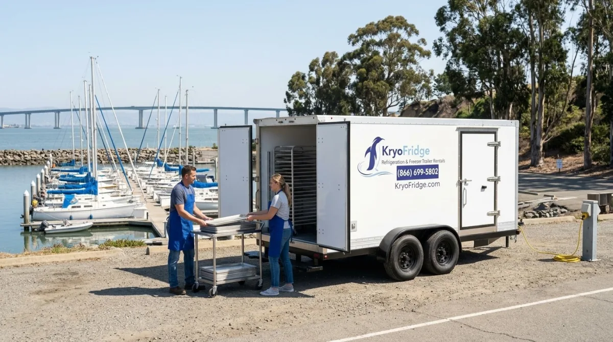 Freshly serviced KryoFridge dual-purpose freezer and refrigerated trailer photographed in side profile on a lot in San Mateo, California