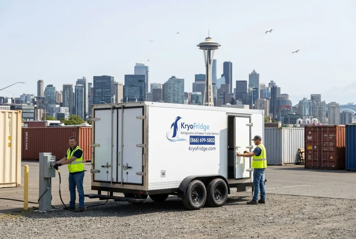 KryoFridge walk-in freezer trailer, clean white and waiting on the yard in Seattle, Washington