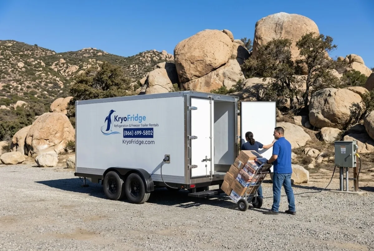 Side view of a plugged-in KryoFridge mobile cold storage unit bound for a job in Simi Valley, California