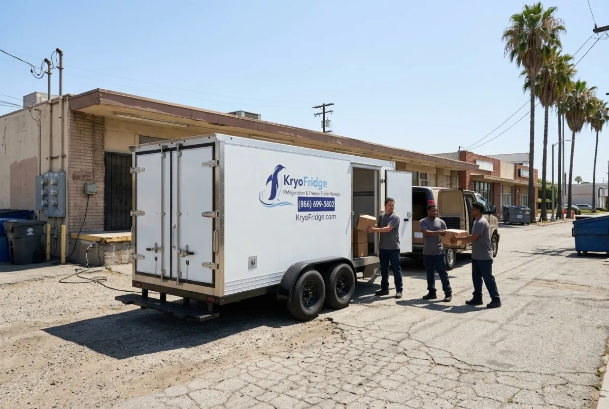 KryoFridge freezer trailer, plugged-in and waiting on the yard in South Gate, California