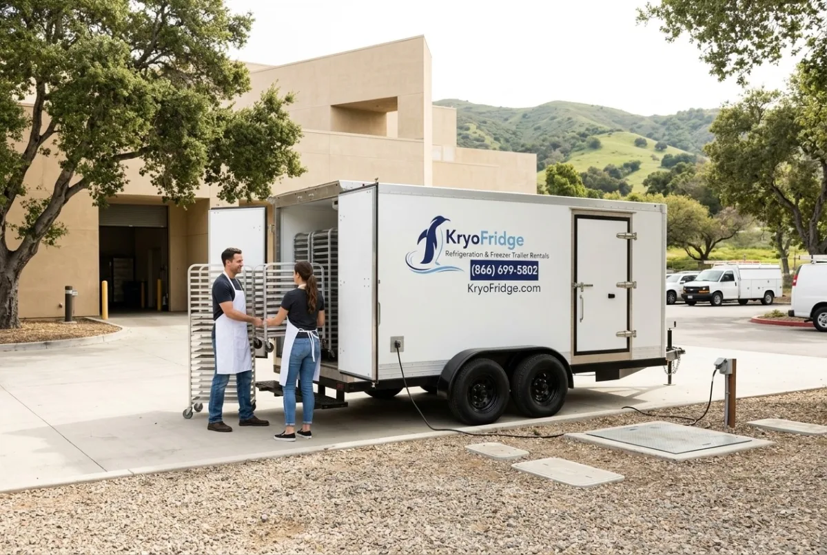 Staged KryoFridge refrigerated trailer parked and waiting ahead of a drop in Thousand Oaks, California