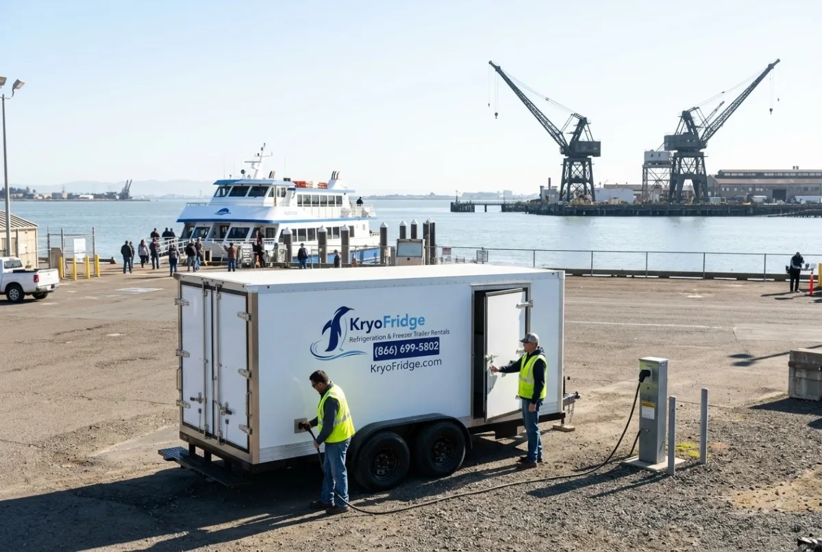 Pre-cooled KryoFridge dual-purpose freezer and refrigerated trailer parked and waiting ahead of a drop in Vallejo, California
