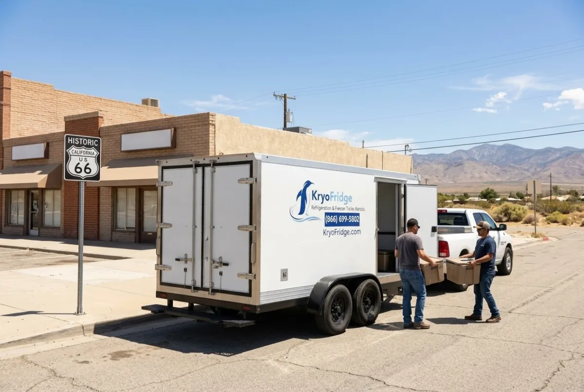 Spotless KryoFridge cold chain trailer parked and waiting ahead of a drop in Victorville, California