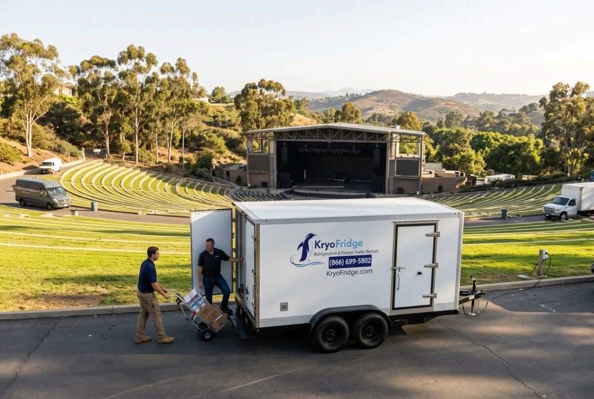 KryoFridge dual-purpose freezer and refrigerated trailer staged for same-day rental delivery in Vista, California