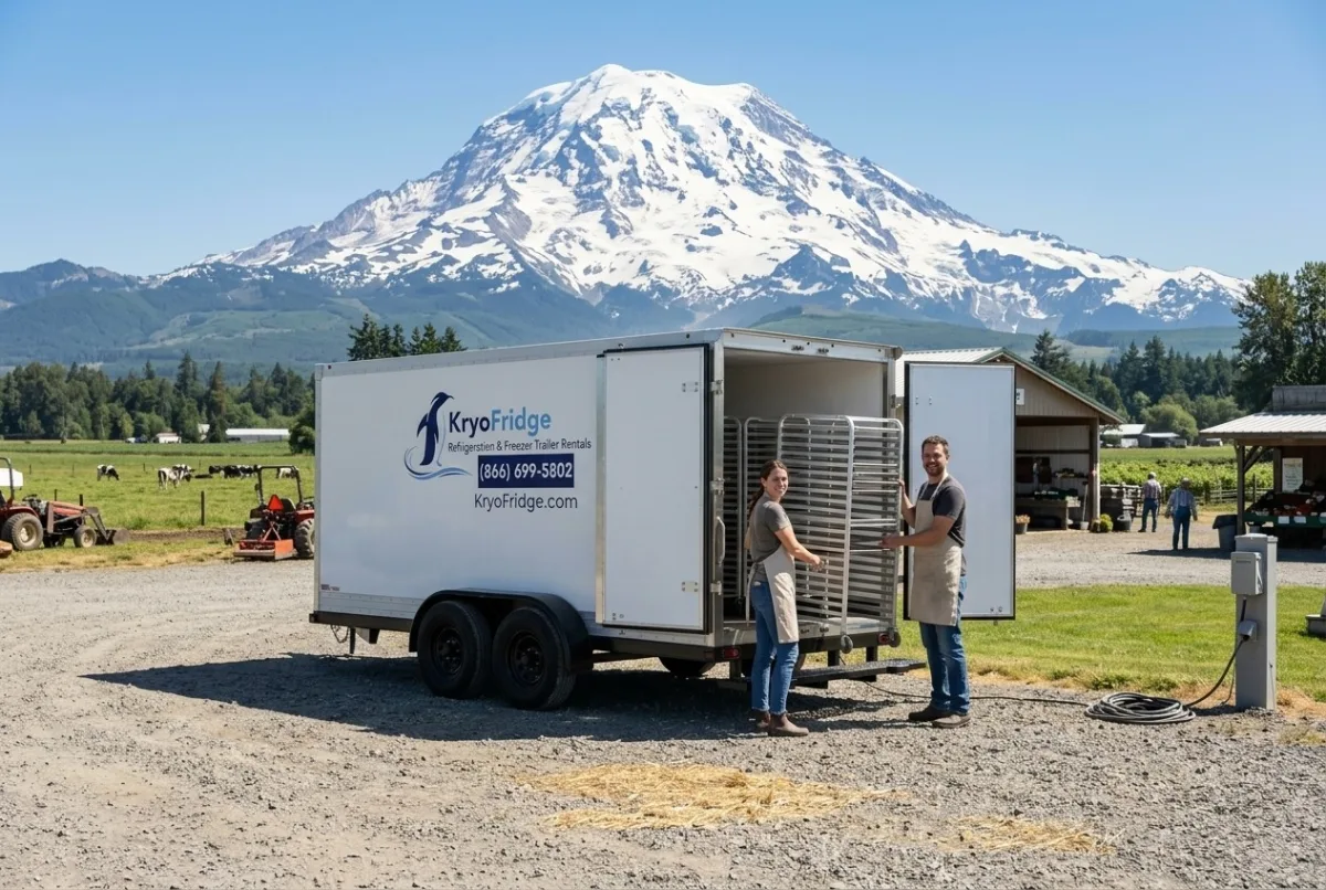 A plugged-in KryoFridge portable refrigeration unit ready for cold-storage rental in Washington, Washington