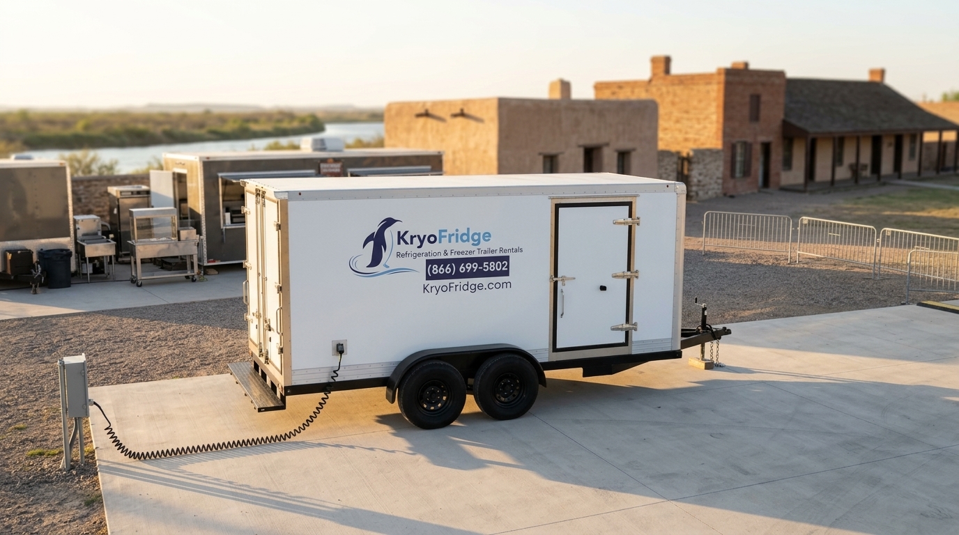Side view of a plugged-in KryoFridge refrigeration trailer bound for a job in Brownsville, Texas