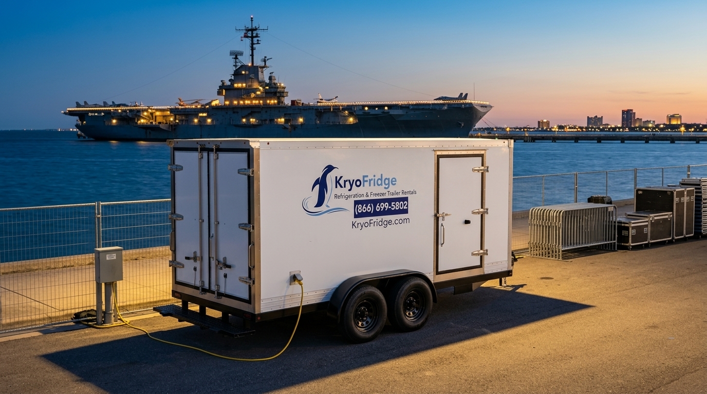 Side view of a staged KryoFridge walk-in freezer trailer bound for a job in Corpus Christi, Texas
