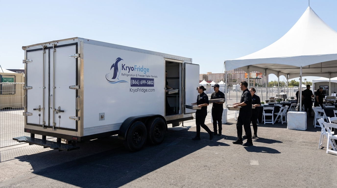A white catering tent on a green resort lawn with mountains behind, a refrigerated trailer parked at the tent's service side, staff carrying trays