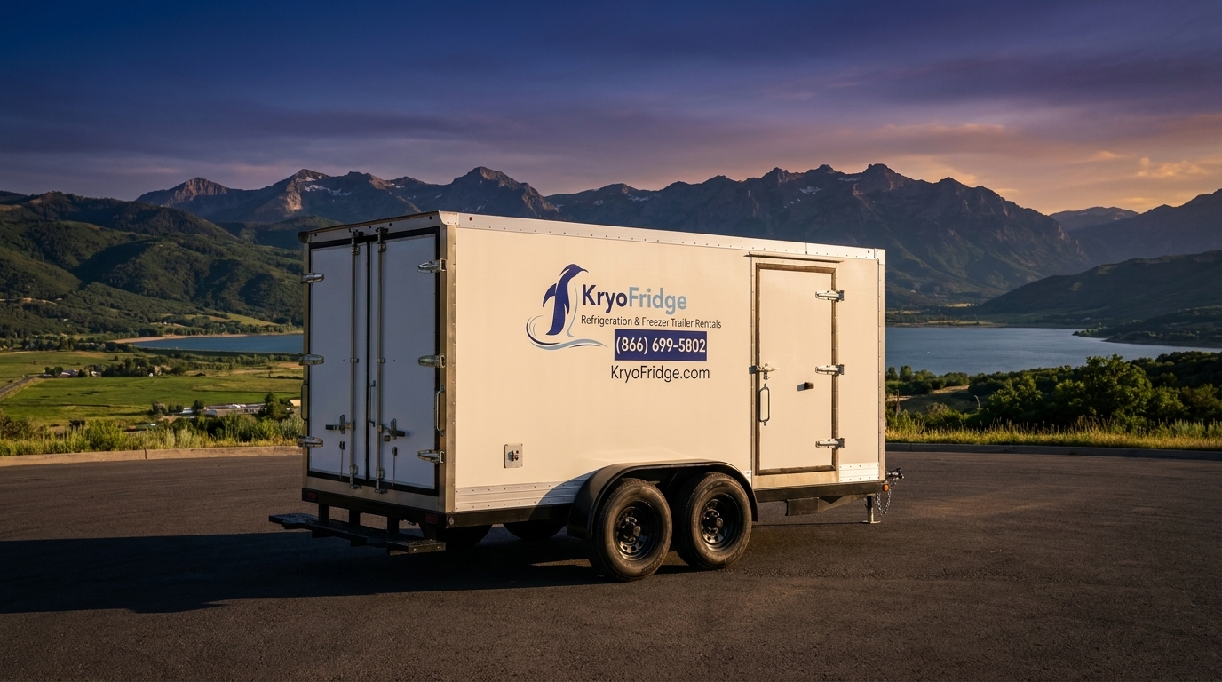 White KryoFridge cold-storage trailer parked and pre-cooled ahead of a rental drop in Eden, Utah