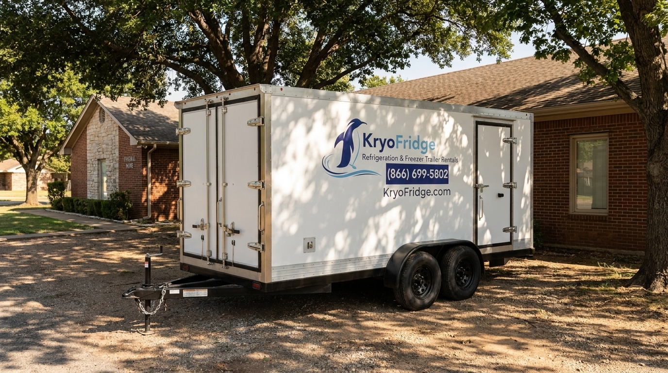 A clean white refrigerated trailer parked discreetly beside the service entrance of a brick funeral home at dusk, mountain ridgeline behind, no people