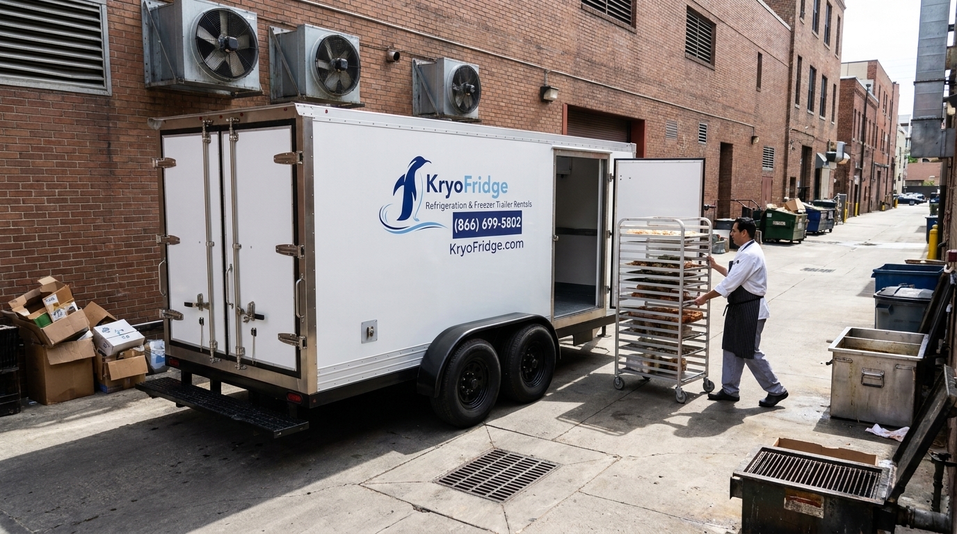 A KryoFridge branded freezer trailer parked behind a small mountain town restaurant kitchen door with snowbanks and steam from a vent, evening light