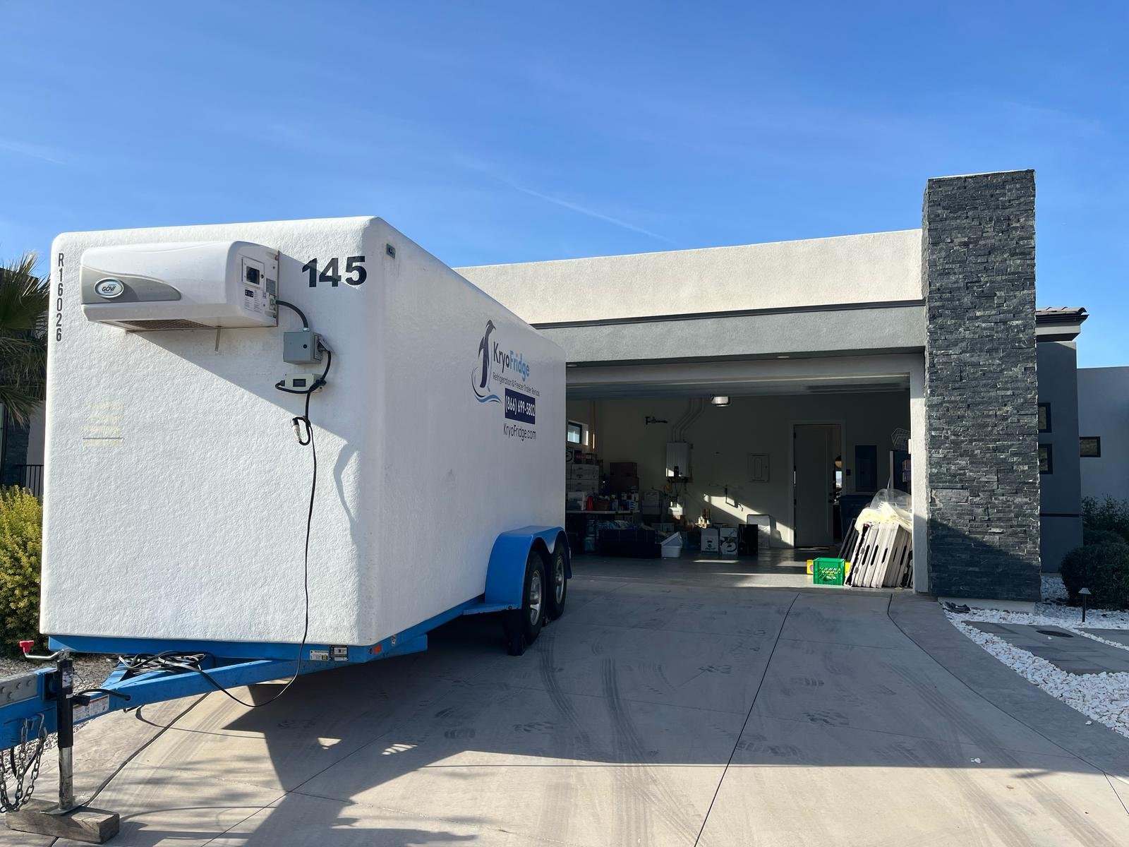 Staged KryoFridge cold chain trailer parked and waiting ahead of a drop in Avondale, Arizona