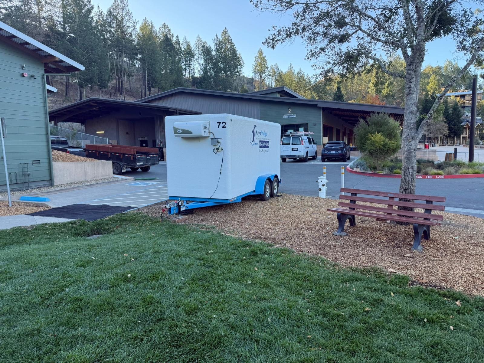 A freshly serviced KryoFridge refrigeration trailer ready for cold-storage rental in Redding, California
