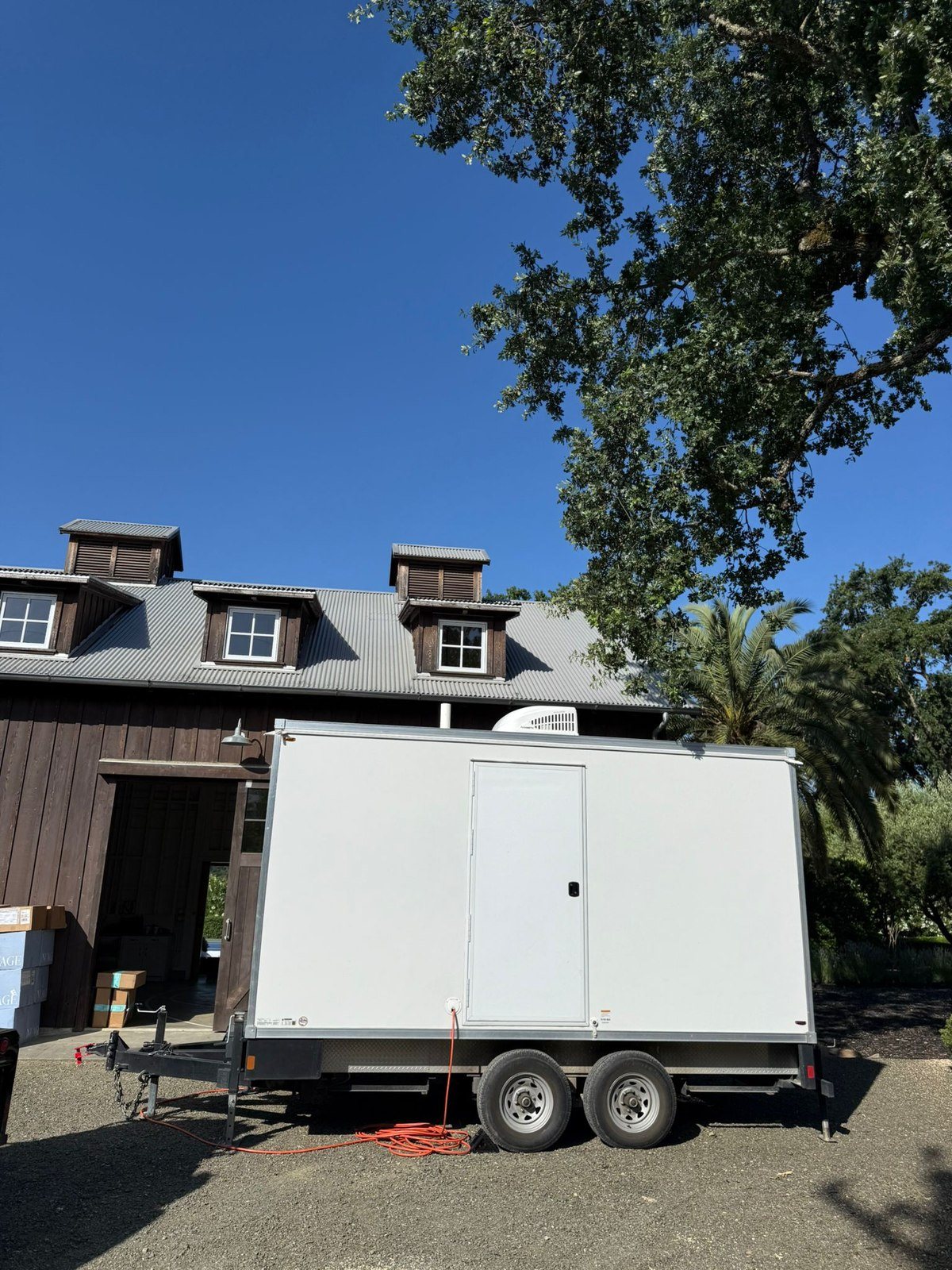 A plugged-in KryoFridge refrigerated trailer mid-rental in Redding