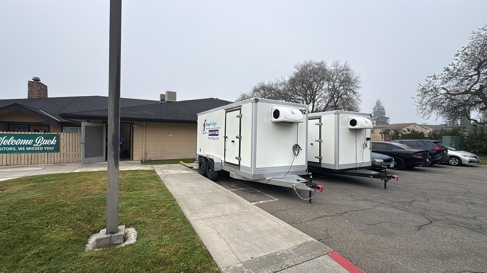Freezer trailer rental in Redding: freezer trailer staged at the industrial yard