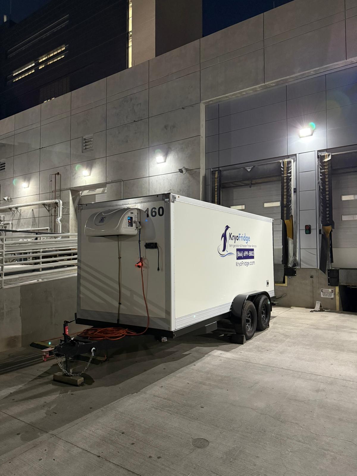 A road-ready KryoFridge refrigerated trailer supporting Food for utility and storm crews in Tracy