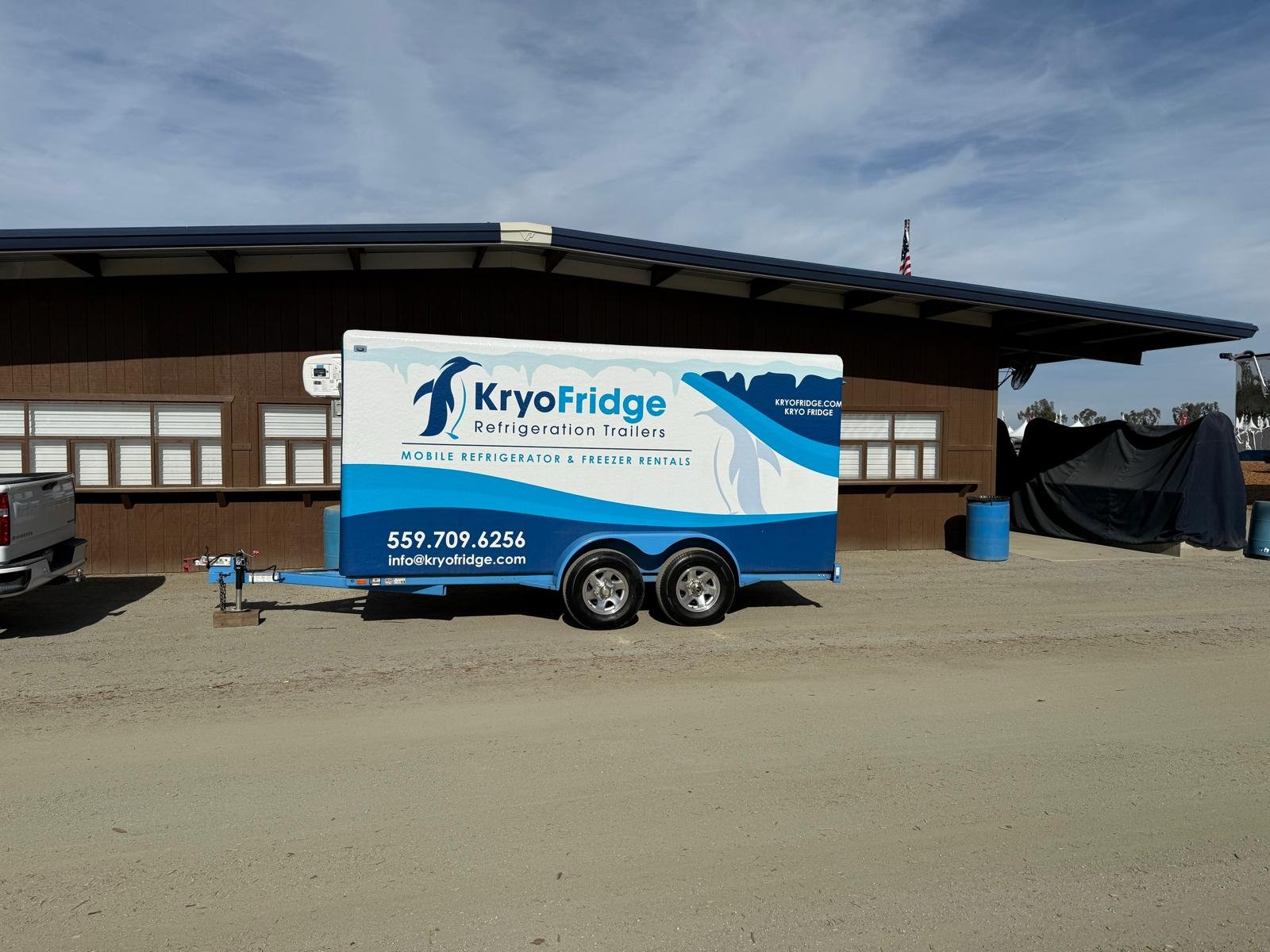 White KryoFridge refrigeration trailer staged for rental delivery in Tracy, California
