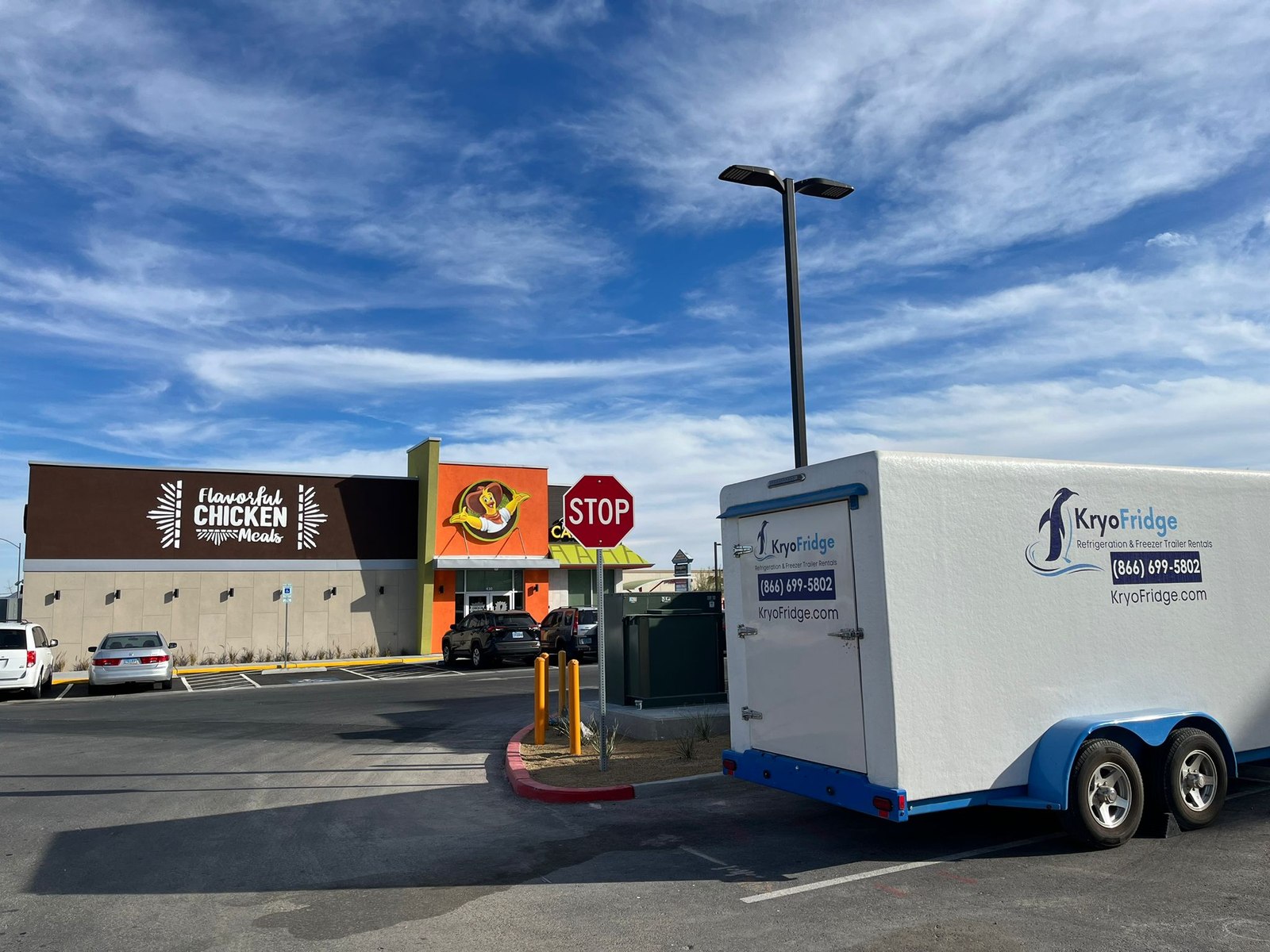A road-ready KryoFridge mobile cold storage unit on a tow chassis, available to rent in West Covina