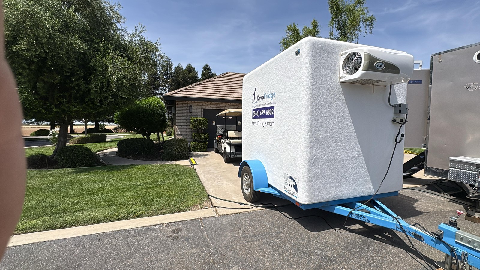 A road-ready KryoFridge refrigeration trailer on generator power in Rio Rancho