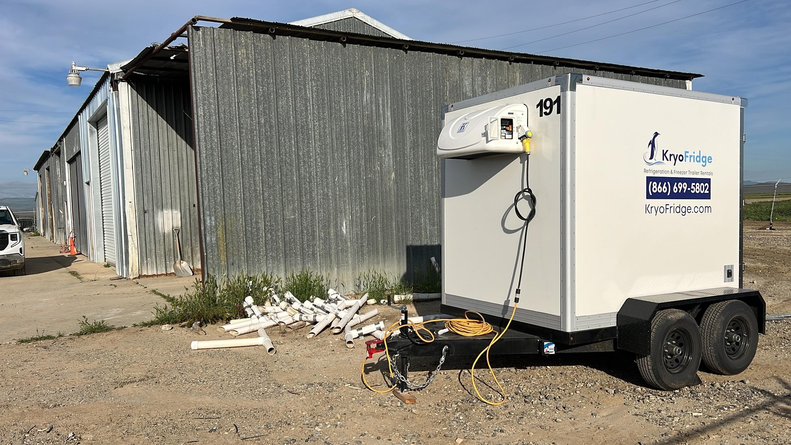 White KryoFridge refrigeration trailer staged for rental delivery in Killeen, Texas