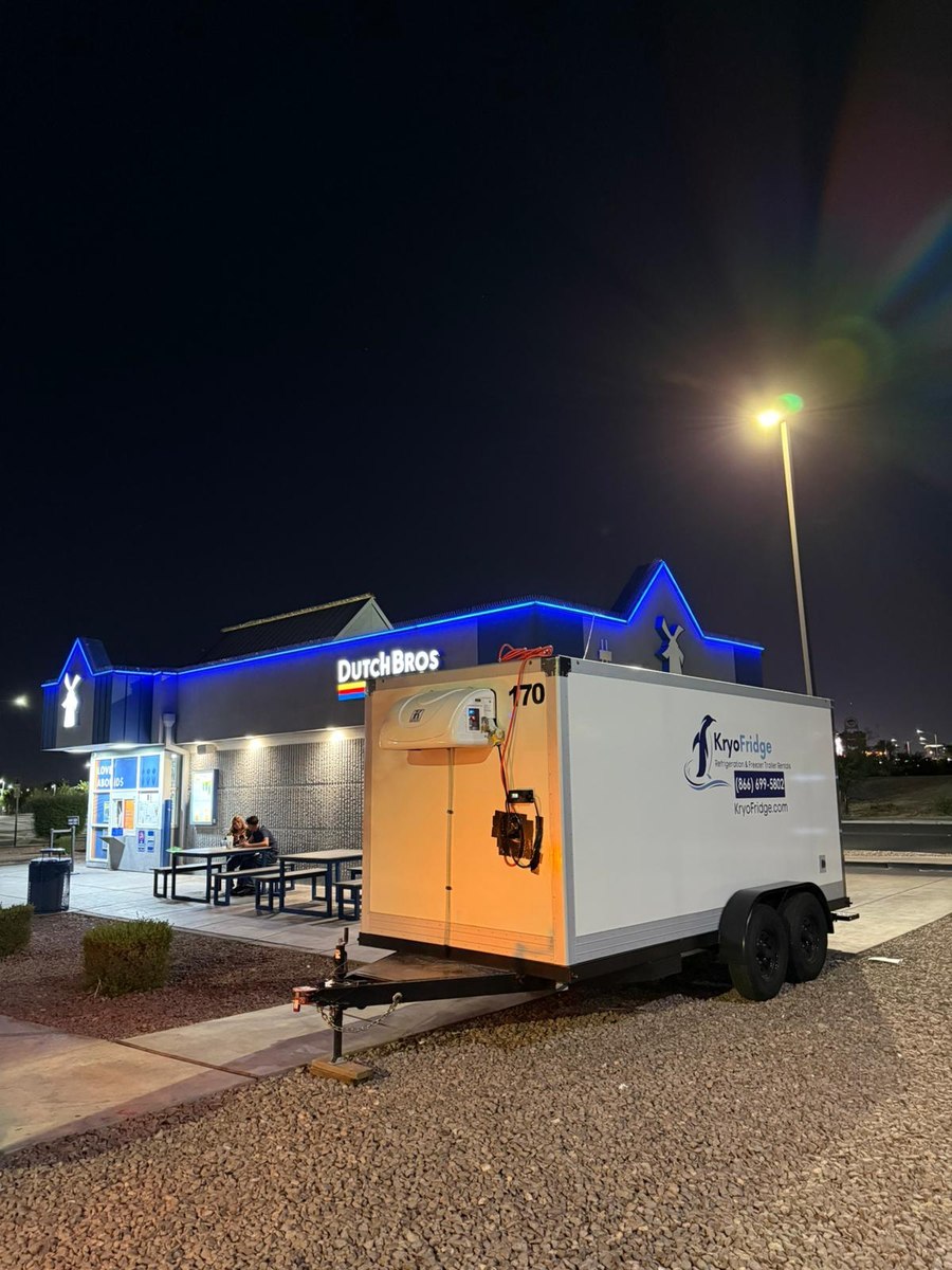 KryoFridge refrigeration trailer parked at a Dutch Bros location