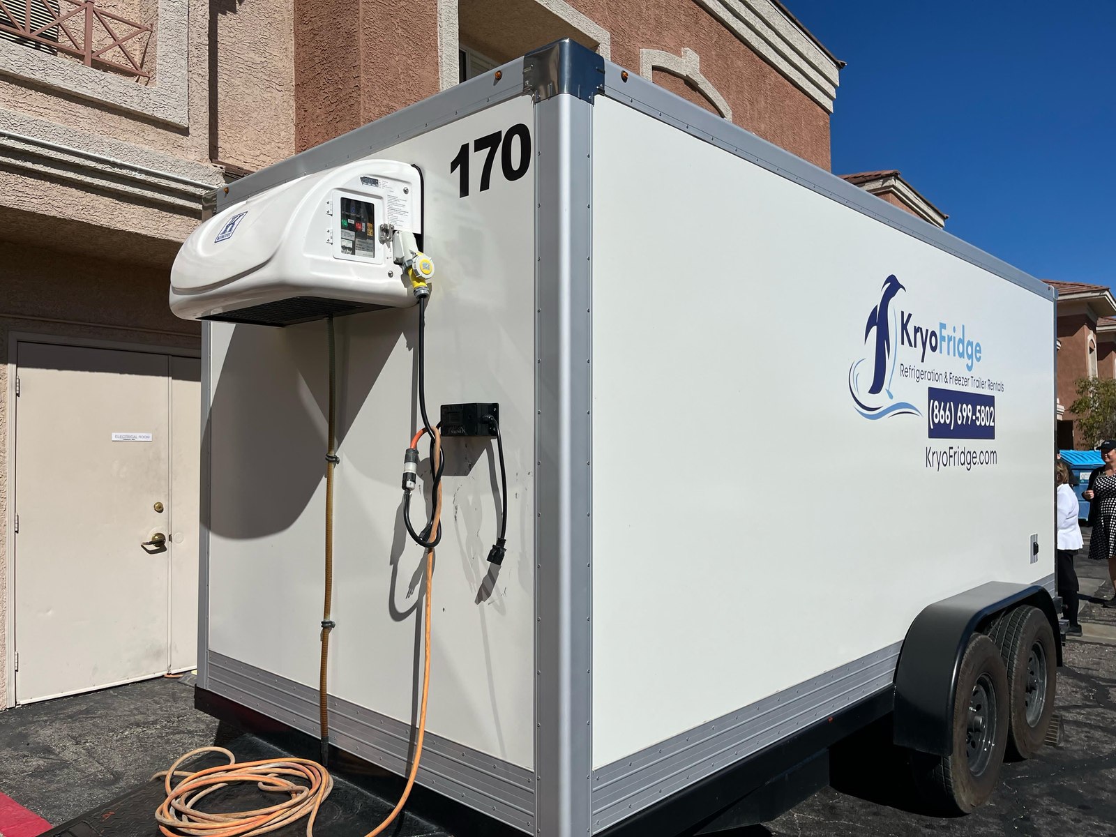 A freshly serviced KryoFridge refrigerated trailer supporting Plant turnaround crew meals in Pasadena