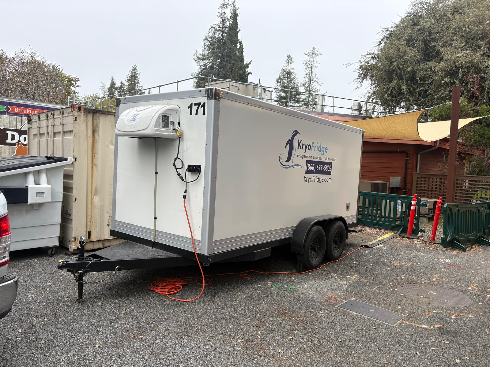 KryoFridge mobile cold storage unit plugged in and pulling temperature down at a Pasadena site