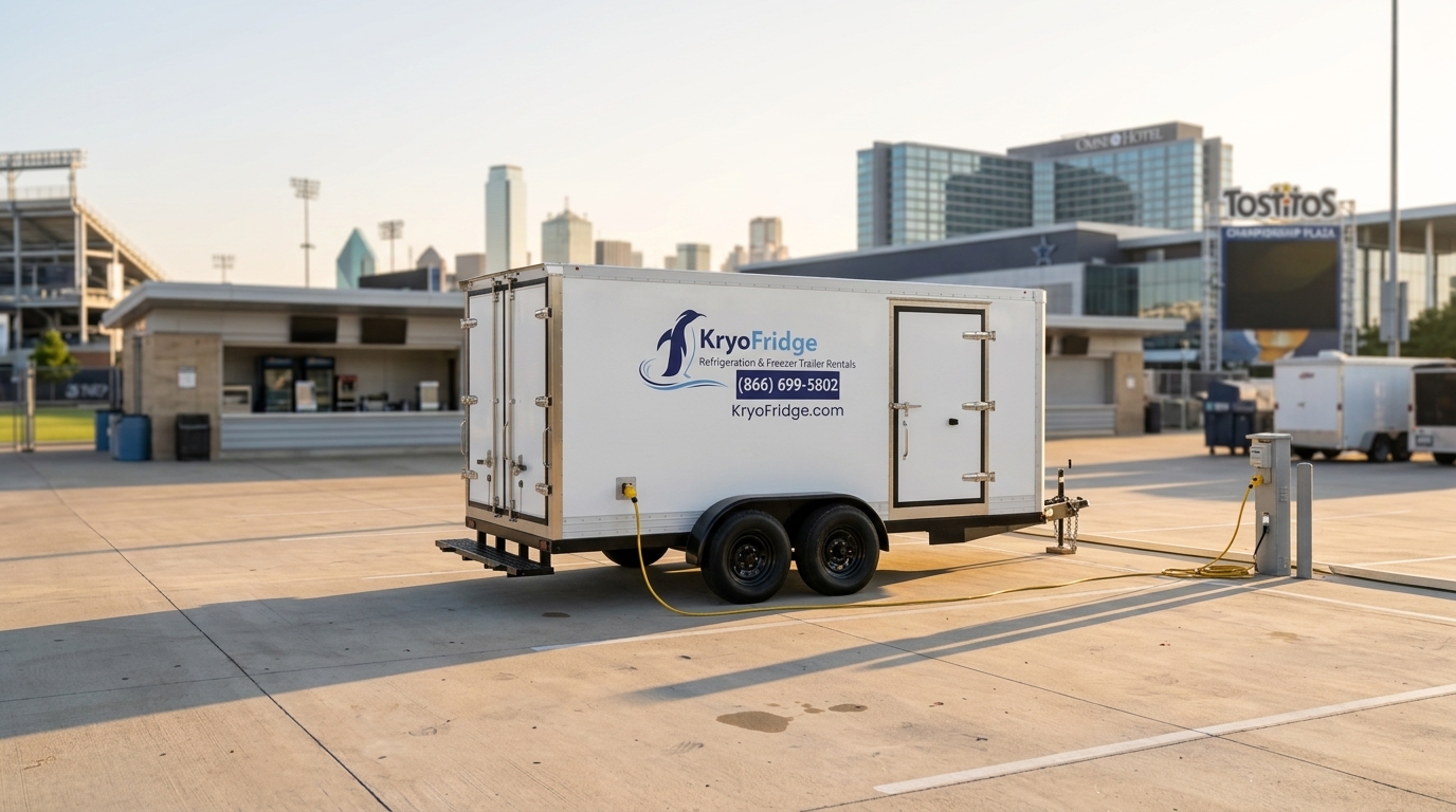 KryoFridge mobile cold storage unit, road-ready and waiting on the yard in Frisco, Texas