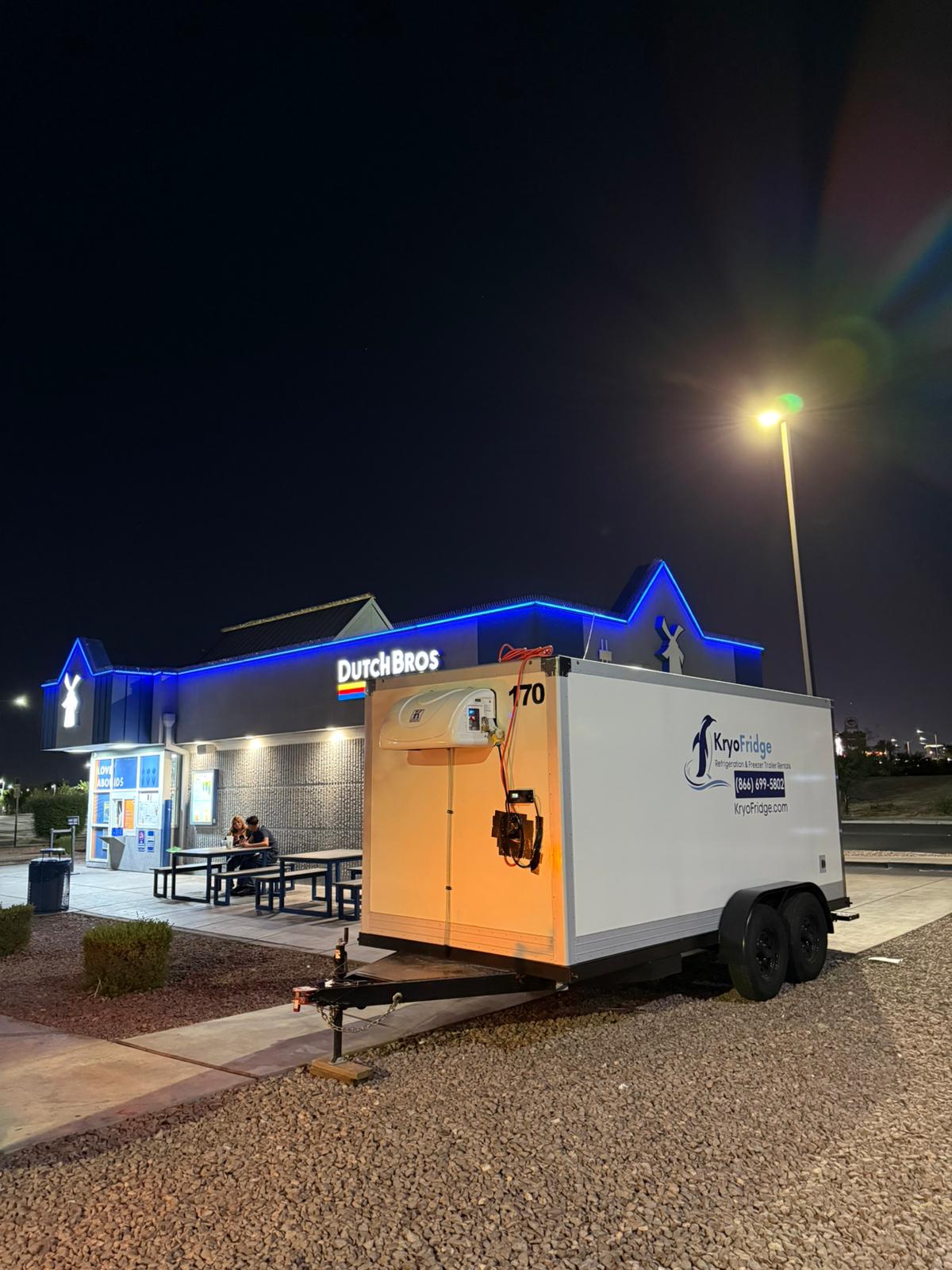 A clean white KryoFridge cold storage trailer delivered to Dutch Bros