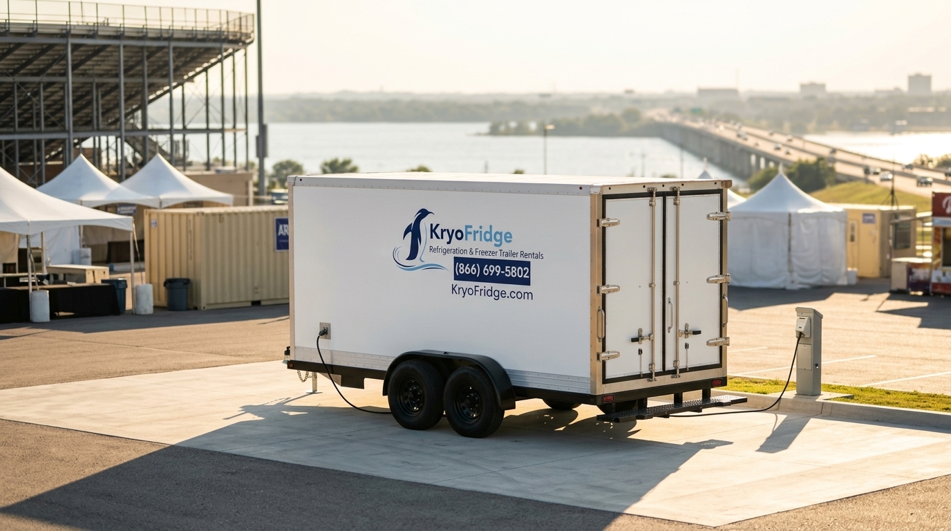 KryoFridge portable refrigeration unit, staged and waiting on the yard in Garland, Texas