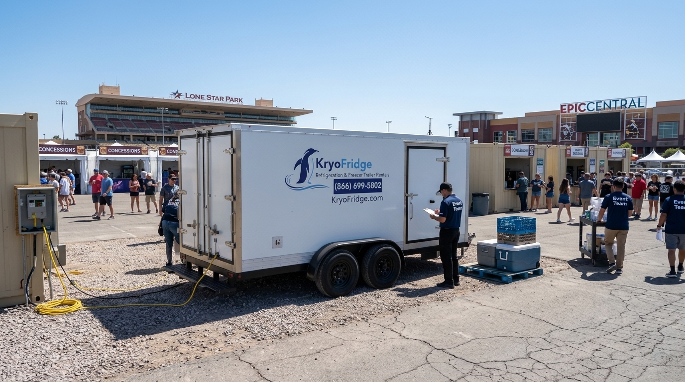 Staged KryoFridge refrigeration trailer photographed in side profile on a lot in Grand Prairie, Texas