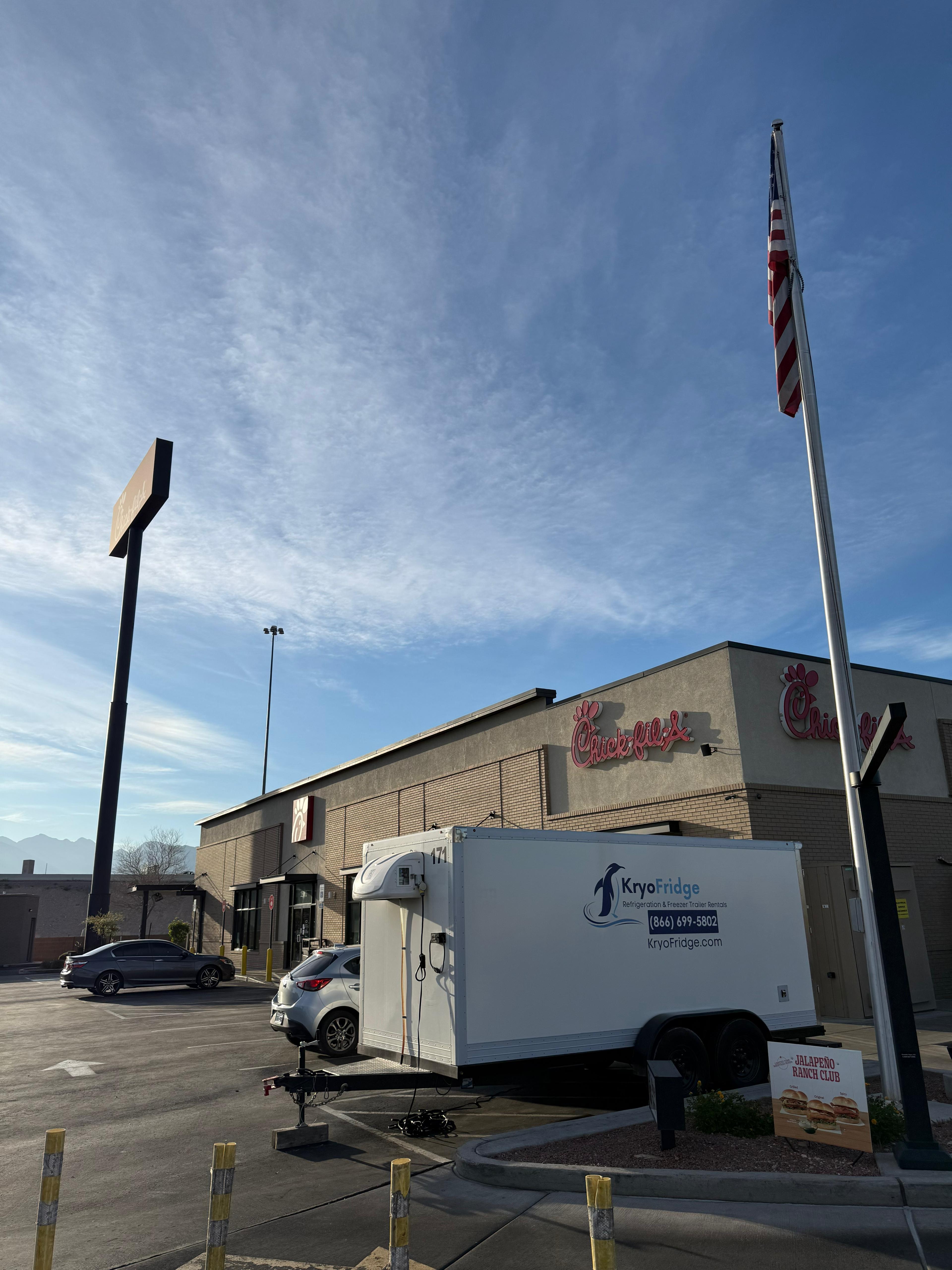 A pre-cooled KryoFridge walk-in freezer trailer delivered to Chick-fil-A