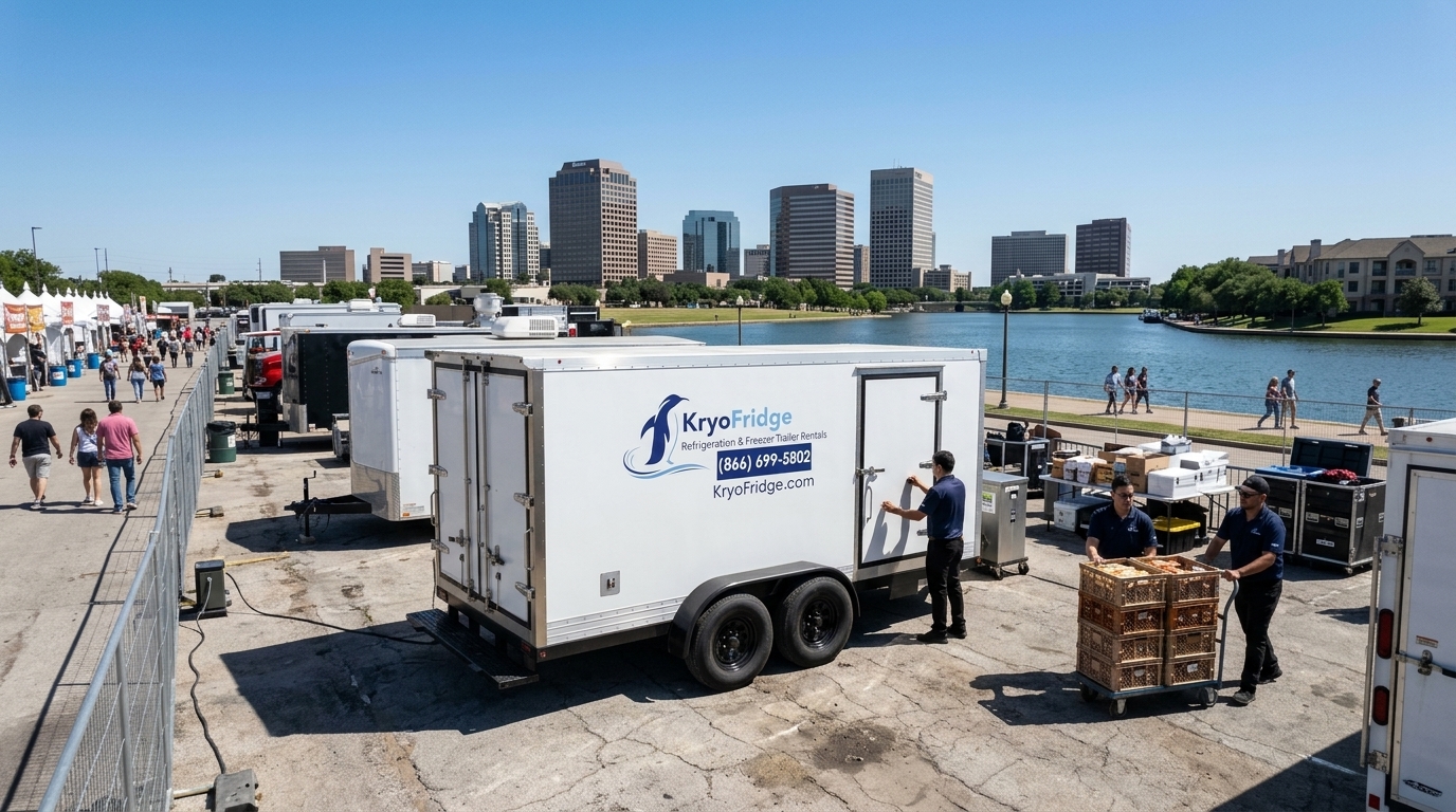 Spotless KryoFridge walk-in freezer trailer staged for same-day rental delivery in Irving, Texas